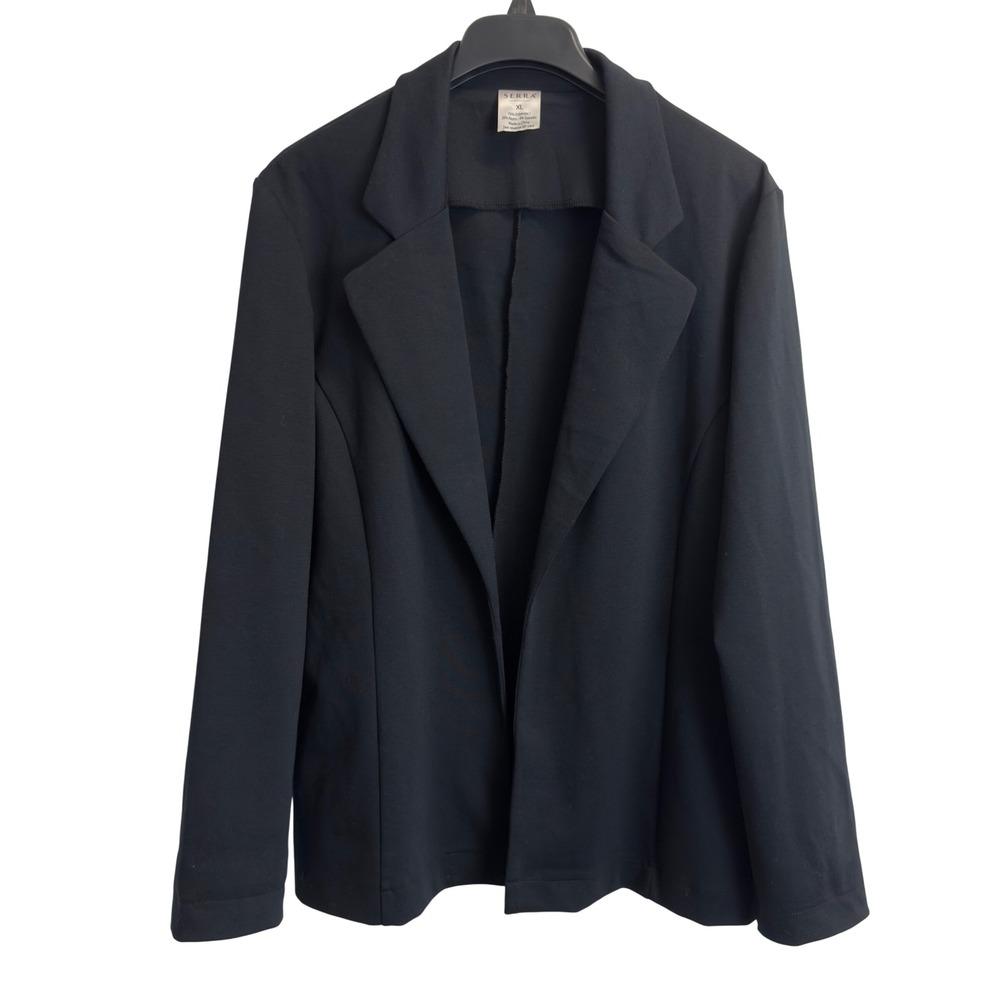 Serra Womens XL Black Open Front Blazer Notched Lapel Stretch Knit Jacket